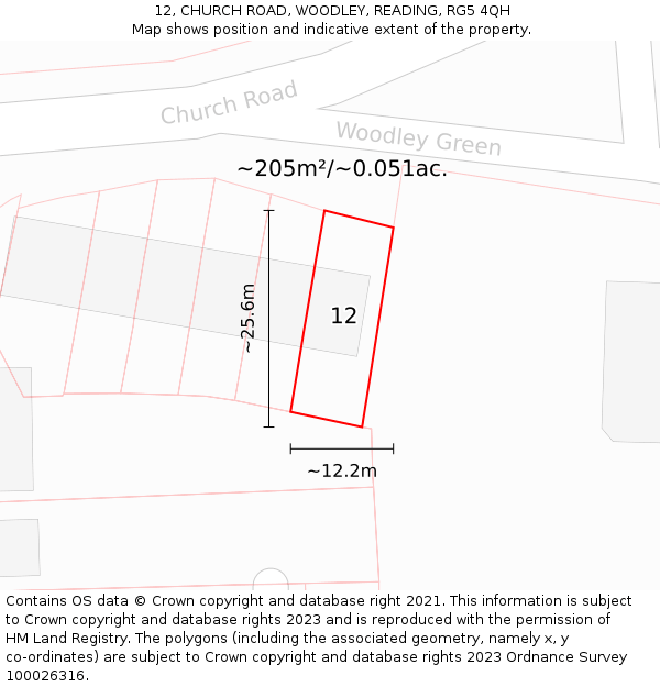 12, CHURCH ROAD, WOODLEY, READING, RG5 4QH: Plot and title map