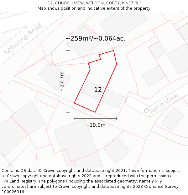 12, CHURCH VIEW, WELDON, CORBY, NN17 3LF: Plot and title map