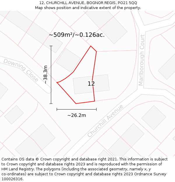 12, CHURCHILL AVENUE, BOGNOR REGIS, PO21 5QQ: Plot and title map