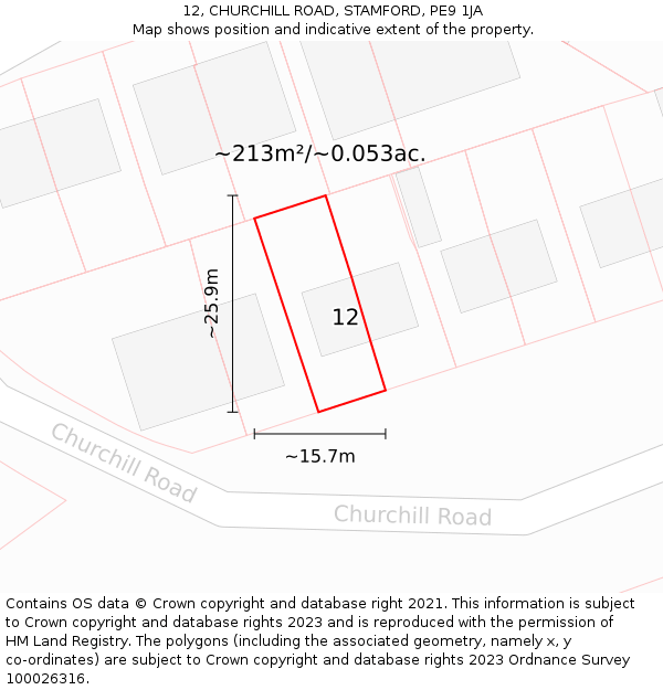 12, CHURCHILL ROAD, STAMFORD, PE9 1JA: Plot and title map