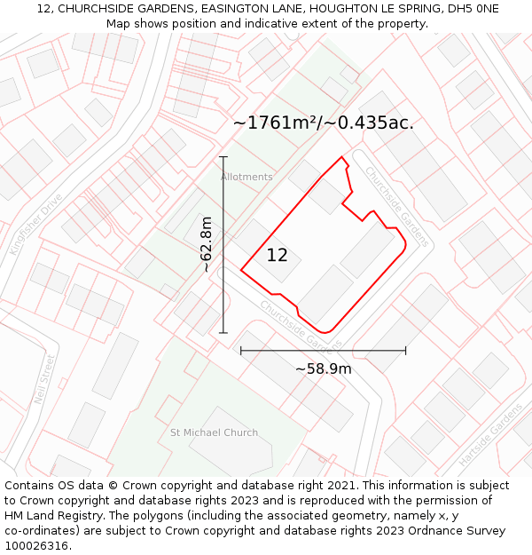 12, CHURCHSIDE GARDENS, EASINGTON LANE, HOUGHTON LE SPRING, DH5 0NE: Plot and title map