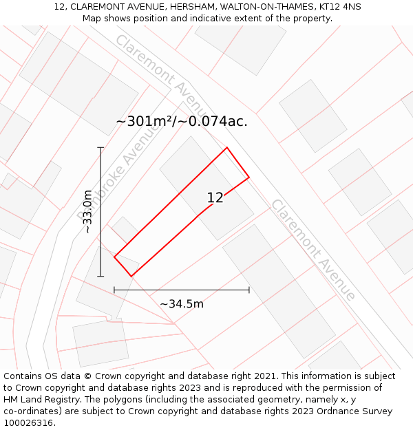 12, CLAREMONT AVENUE, HERSHAM, WALTON-ON-THAMES, KT12 4NS: Plot and title map