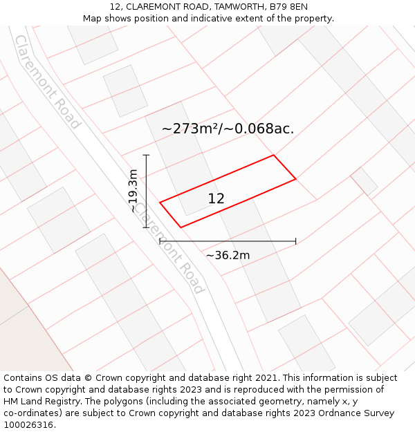 12, CLAREMONT ROAD, TAMWORTH, B79 8EN: Plot and title map