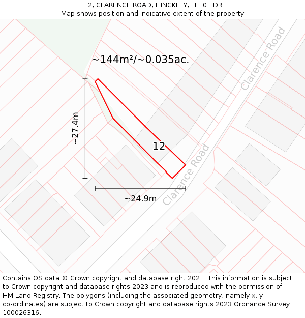 12, CLARENCE ROAD, HINCKLEY, LE10 1DR: Plot and title map