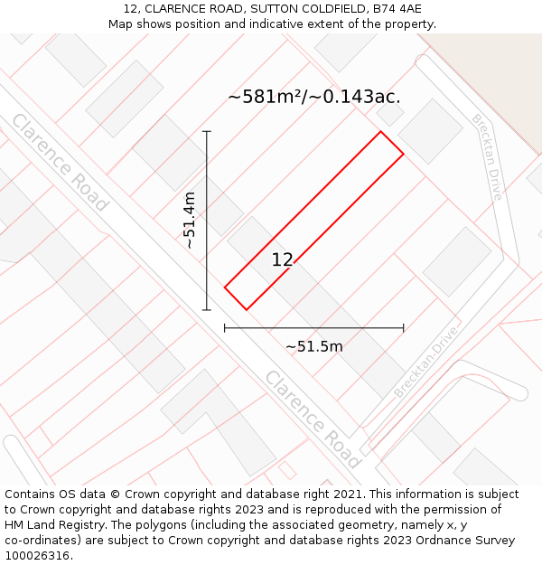 12, CLARENCE ROAD, SUTTON COLDFIELD, B74 4AE: Plot and title map