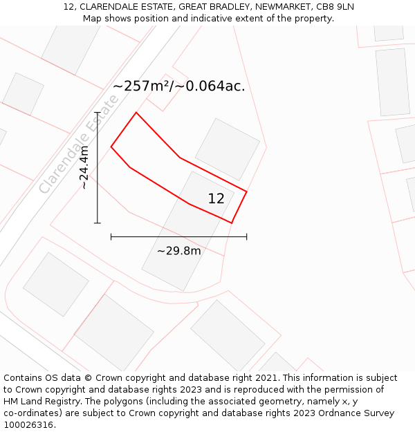 12, CLARENDALE ESTATE, GREAT BRADLEY, NEWMARKET, CB8 9LN: Plot and title map