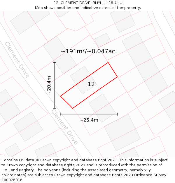 12, CLEMENT DRIVE, RHYL, LL18 4HU: Plot and title map