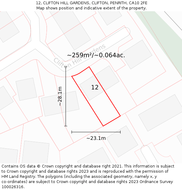 12, CLIFTON HILL GARDENS, CLIFTON, PENRITH, CA10 2FE: Plot and title map