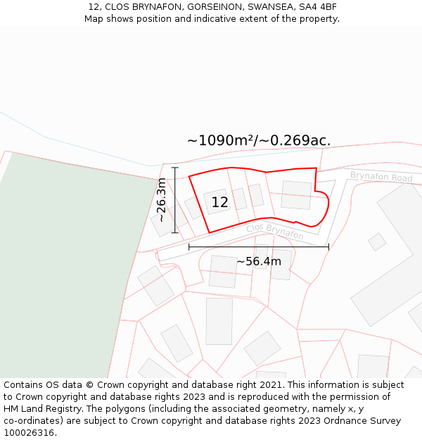 12, CLOS BRYNAFON, GORSEINON, SWANSEA, SA4 4BF: Plot and title map