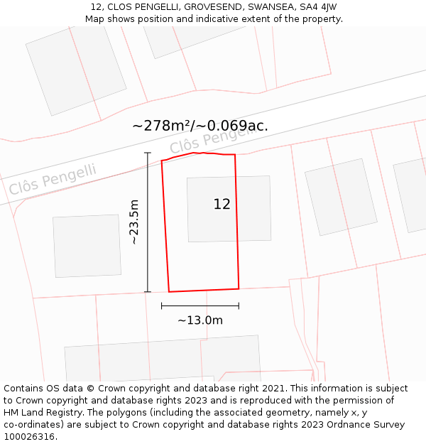 12, CLOS PENGELLI, GROVESEND, SWANSEA, SA4 4JW: Plot and title map