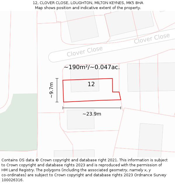 12, CLOVER CLOSE, LOUGHTON, MILTON KEYNES, MK5 8HA: Plot and title map