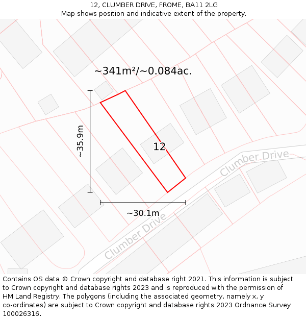 12, CLUMBER DRIVE, FROME, BA11 2LG: Plot and title map