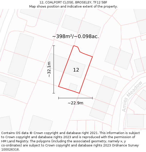 12, COALPORT CLOSE, BROSELEY, TF12 5BF: Plot and title map