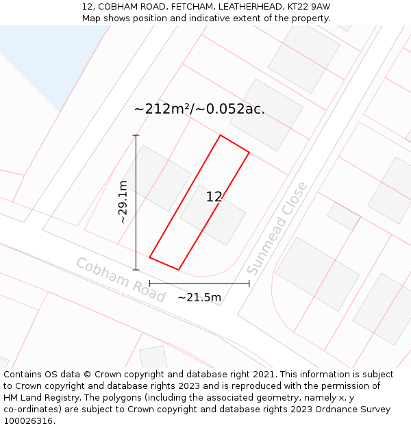 12, COBHAM ROAD, FETCHAM, LEATHERHEAD, KT22 9AW: Plot and title map