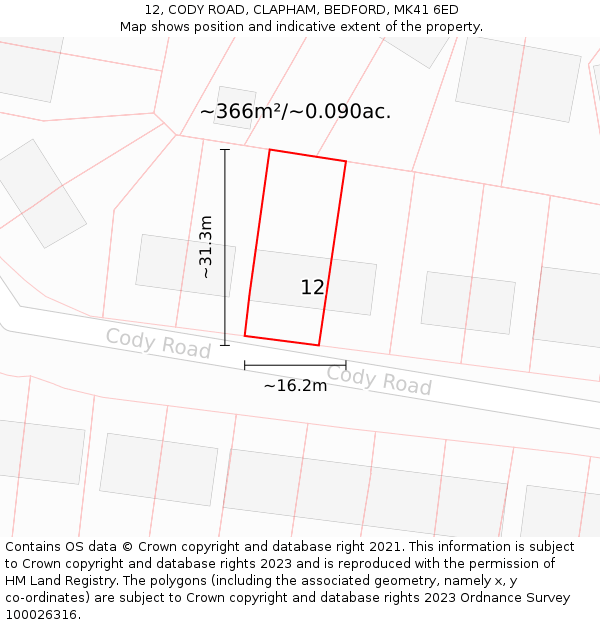 12, CODY ROAD, CLAPHAM, BEDFORD, MK41 6ED: Plot and title map