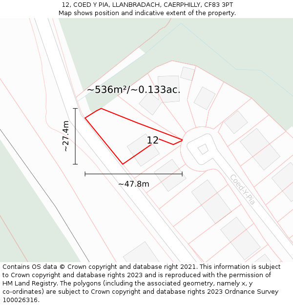 12, COED Y PIA, LLANBRADACH, CAERPHILLY, CF83 3PT: Plot and title map