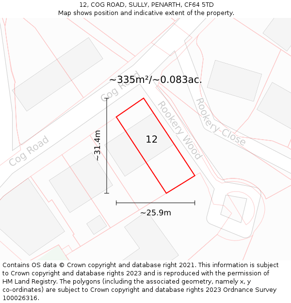 12, COG ROAD, SULLY, PENARTH, CF64 5TD: Plot and title map