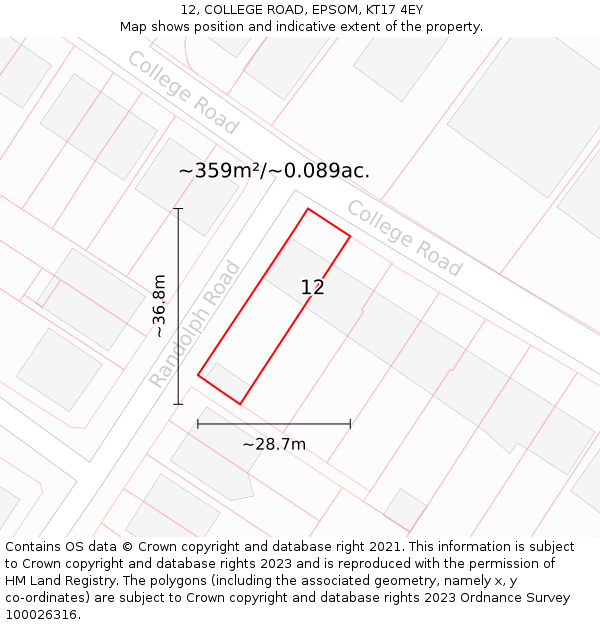 12, COLLEGE ROAD, EPSOM, KT17 4EY: Plot and title map