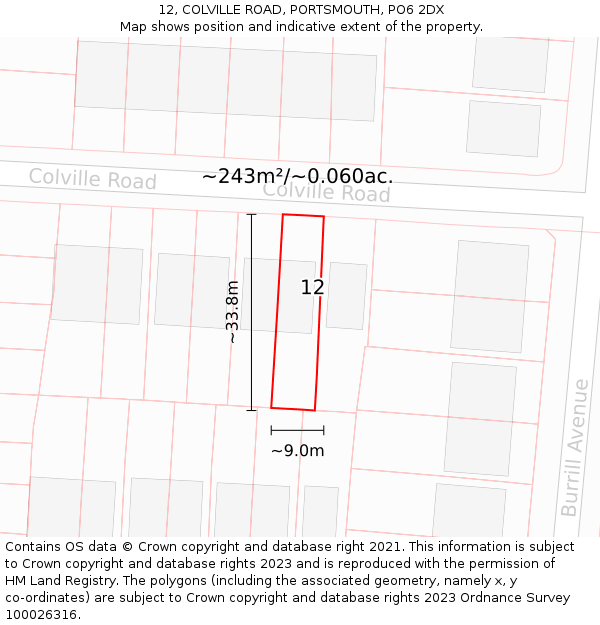 12, COLVILLE ROAD, PORTSMOUTH, PO6 2DX: Plot and title map