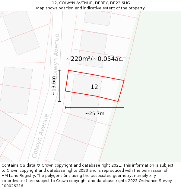 12, COLWYN AVENUE, DERBY, DE23 6HG: Plot and title map