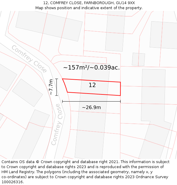 12, COMFREY CLOSE, FARNBOROUGH, GU14 9XX: Plot and title map