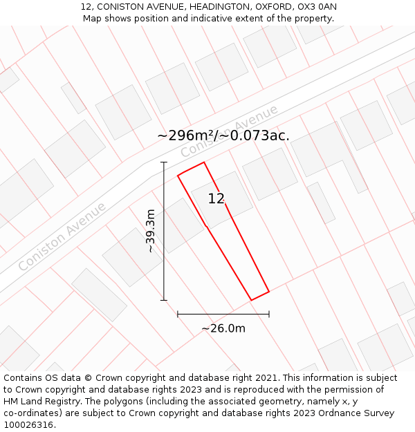 12, CONISTON AVENUE, HEADINGTON, OXFORD, OX3 0AN: Plot and title map