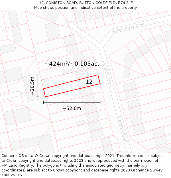 12, CONISTON ROAD, SUTTON COLDFIELD, B74 3LE: Plot and title map