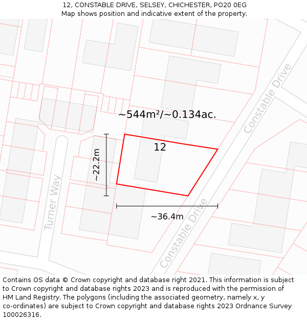 12, CONSTABLE DRIVE, SELSEY, CHICHESTER, PO20 0EG: Plot and title map