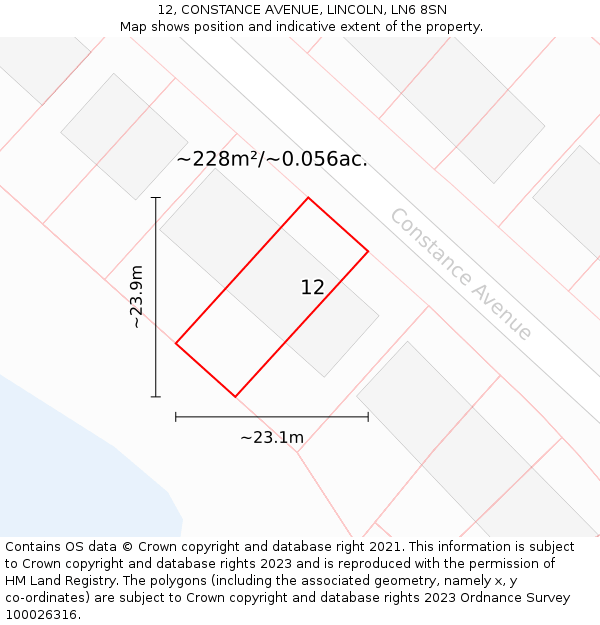 12, CONSTANCE AVENUE, LINCOLN, LN6 8SN: Plot and title map