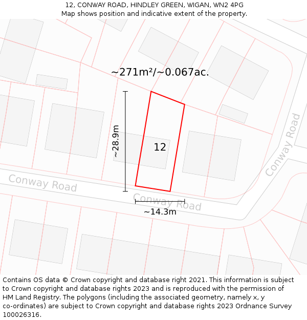 12, CONWAY ROAD, HINDLEY GREEN, WIGAN, WN2 4PG: Plot and title map