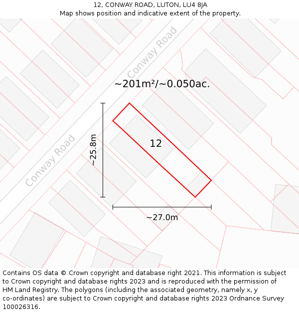 12, CONWAY ROAD, LUTON, LU4 8JA: Plot and title map