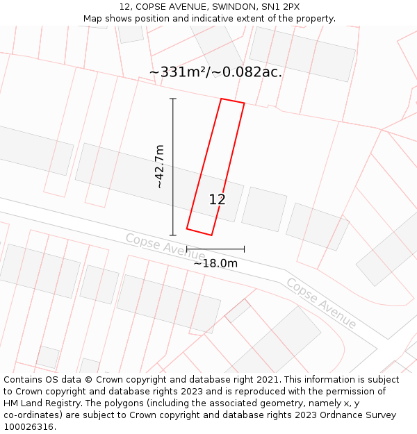 12, COPSE AVENUE, SWINDON, SN1 2PX: Plot and title map