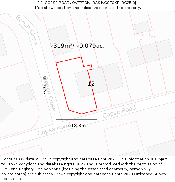 12, COPSE ROAD, OVERTON, BASINGSTOKE, RG25 3JL: Plot and title map