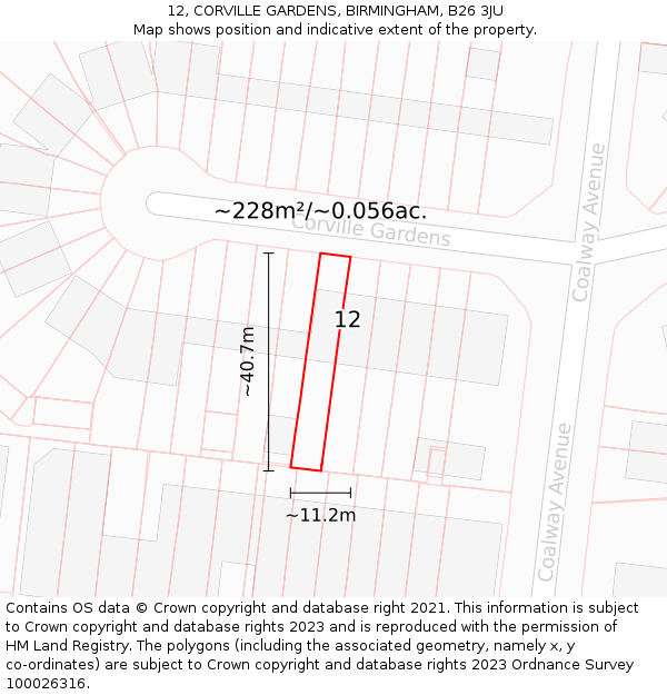 12, CORVILLE GARDENS, BIRMINGHAM, B26 3JU: Plot and title map