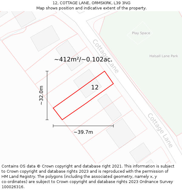 12, COTTAGE LANE, ORMSKIRK, L39 3NG: Plot and title map