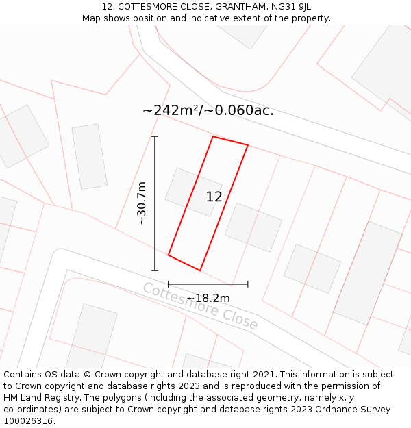 12, COTTESMORE CLOSE, GRANTHAM, NG31 9JL: Plot and title map