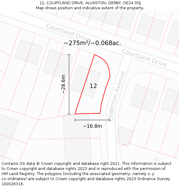 12, COURTLAND DRIVE, ALVASTON, DERBY, DE24 0GJ: Plot and title map