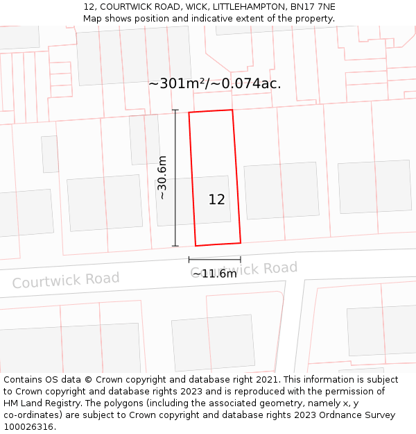 12, COURTWICK ROAD, WICK, LITTLEHAMPTON, BN17 7NE: Plot and title map