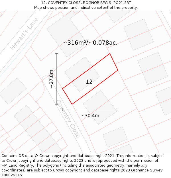 12, COVENTRY CLOSE, BOGNOR REGIS, PO21 3RT: Plot and title map