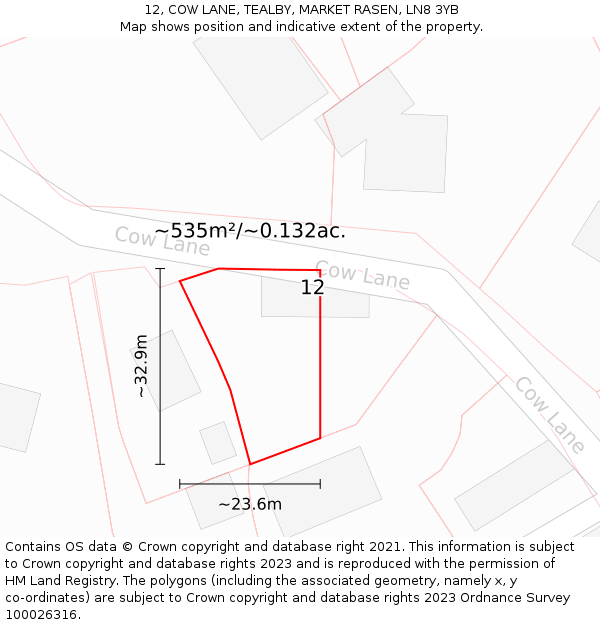 12, COW LANE, TEALBY, MARKET RASEN, LN8 3YB: Plot and title map