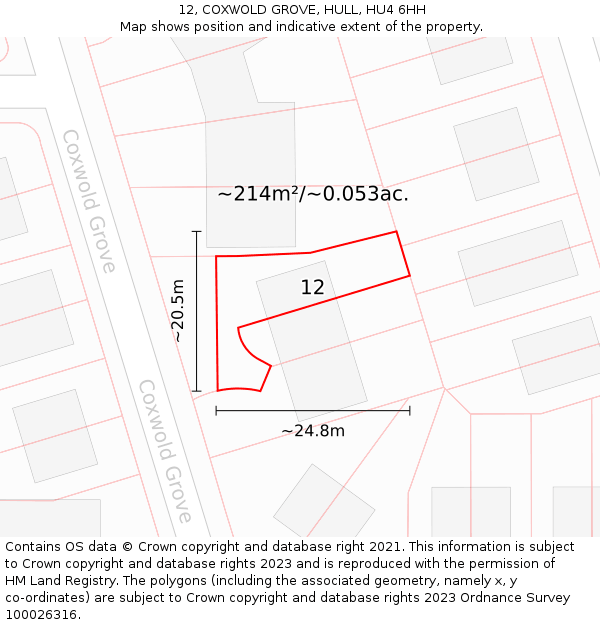 12, COXWOLD GROVE, HULL, HU4 6HH: Plot and title map