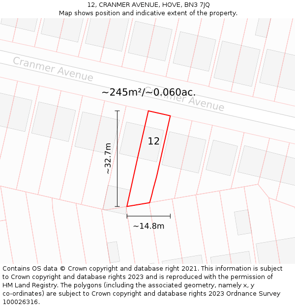 12, CRANMER AVENUE, HOVE, BN3 7JQ: Plot and title map