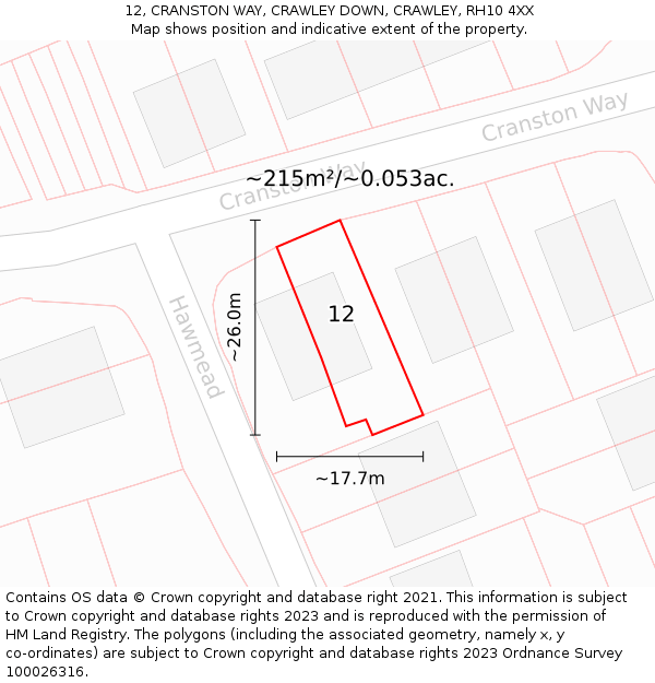 12, CRANSTON WAY, CRAWLEY DOWN, CRAWLEY, RH10 4XX: Plot and title map