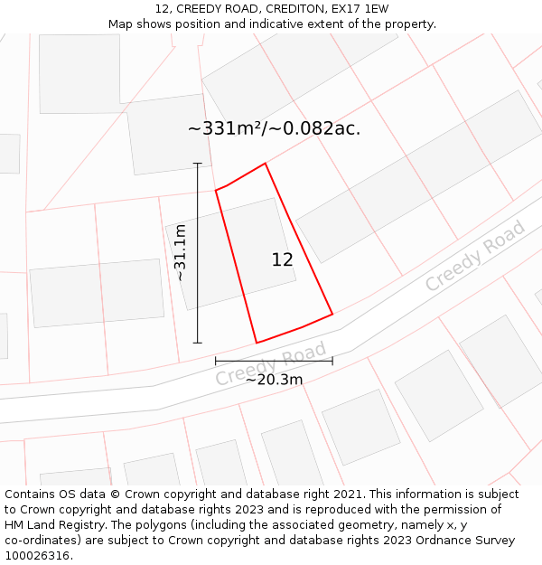 12, CREEDY ROAD, CREDITON, EX17 1EW: Plot and title map