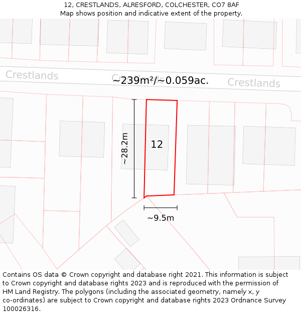 12, CRESTLANDS, ALRESFORD, COLCHESTER, CO7 8AF: Plot and title map