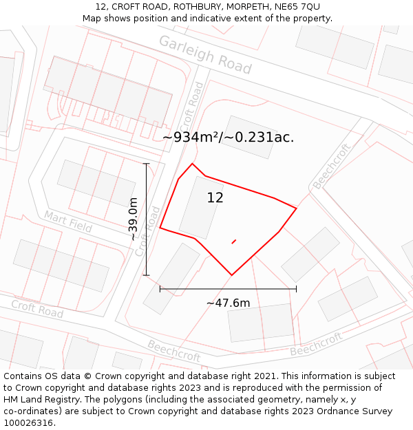 12, CROFT ROAD, ROTHBURY, MORPETH, NE65 7QU: Plot and title map