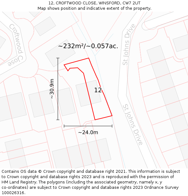 12, CROFTWOOD CLOSE, WINSFORD, CW7 2UT: Plot and title map