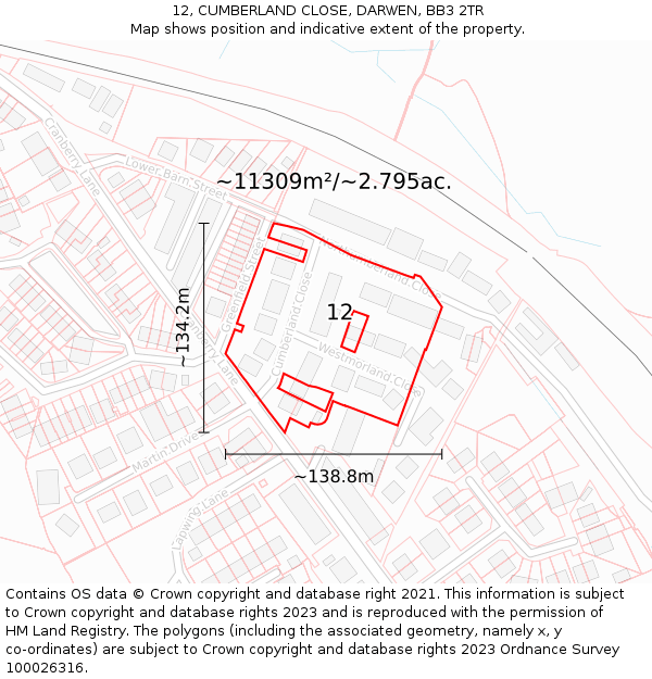 12, CUMBERLAND CLOSE, DARWEN, BB3 2TR: Plot and title map