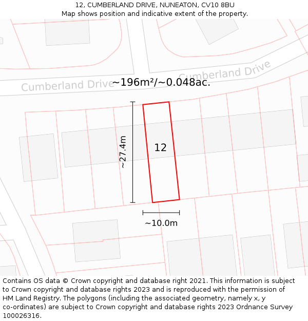 12, CUMBERLAND DRIVE, NUNEATON, CV10 8BU: Plot and title map