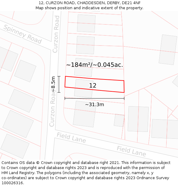 12, CURZON ROAD, CHADDESDEN, DERBY, DE21 4NF: Plot and title map